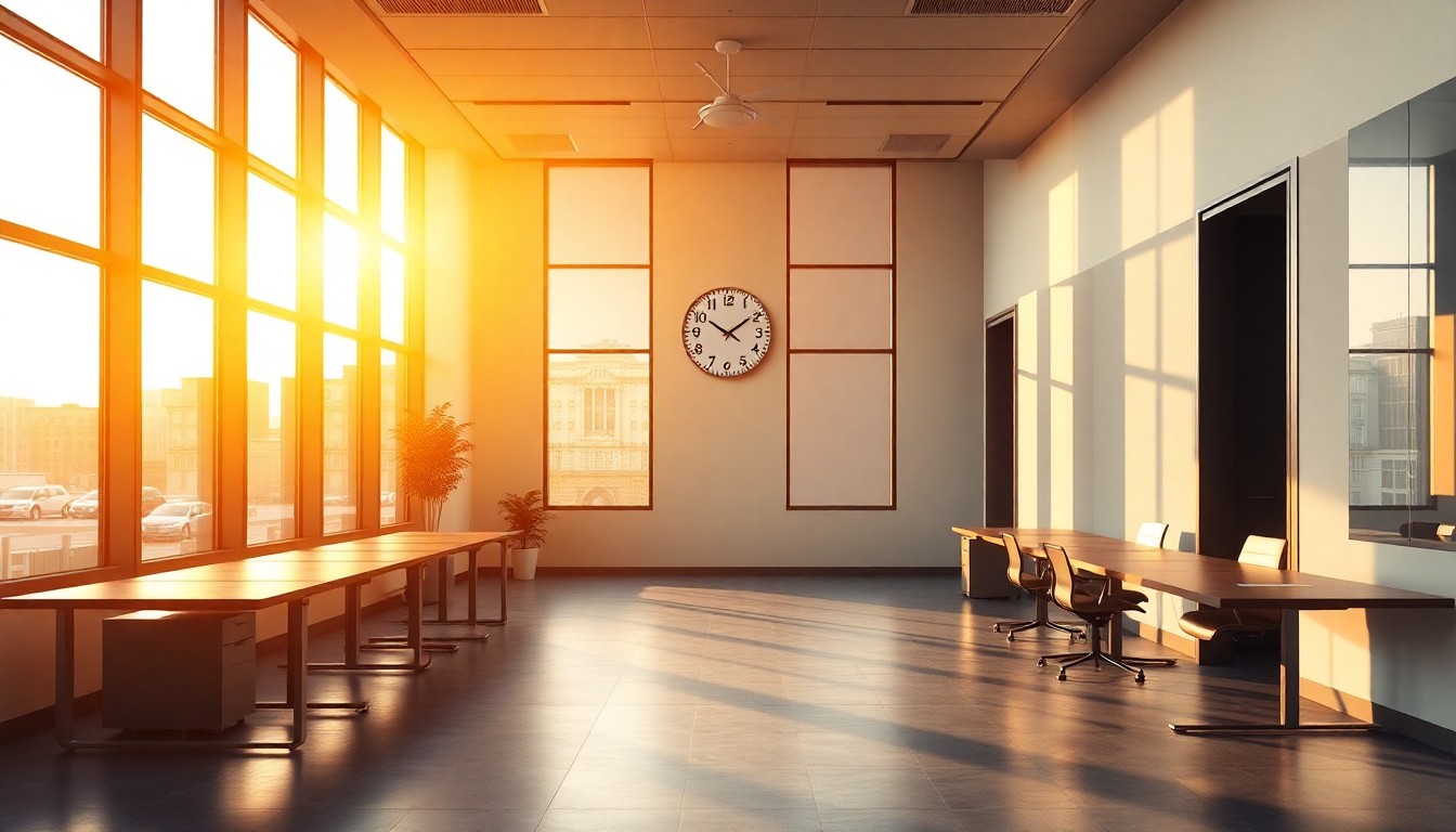 An office at golden hour