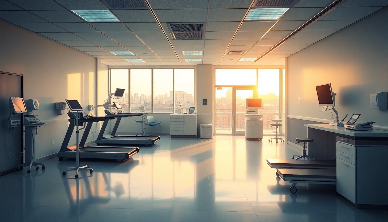 A cardiology clinic and cath lab at golden hour