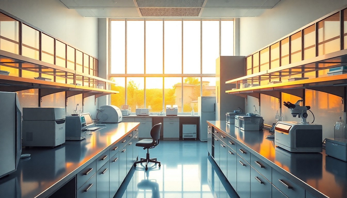 A clinical laboratory interior at golden hour