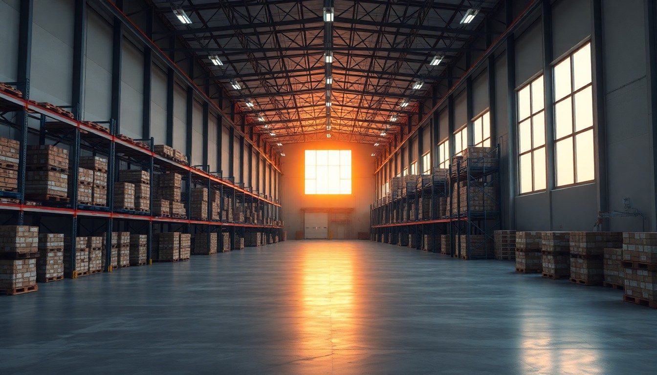 A refrigerated warehouse interior at golden hour