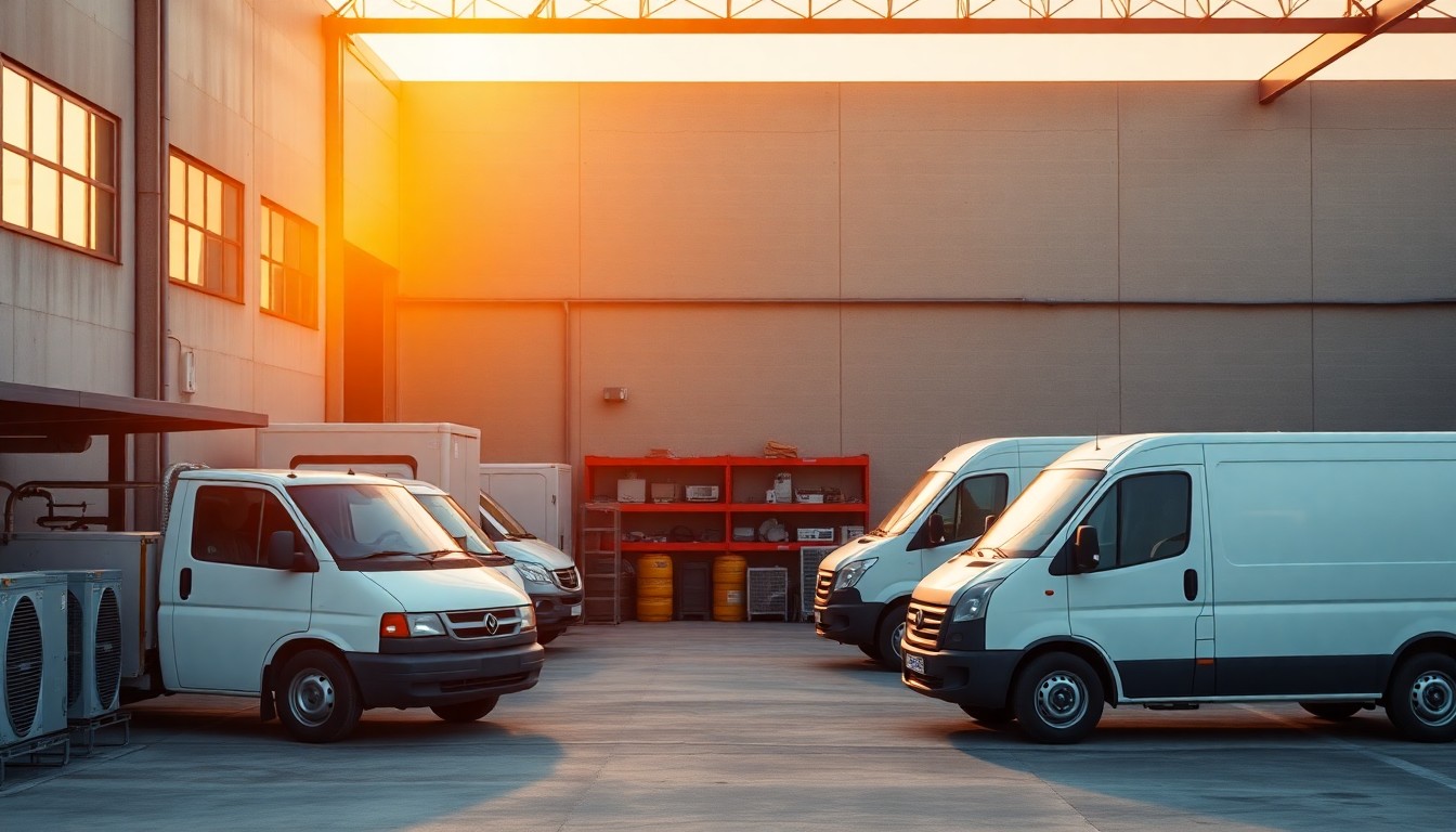 A commercial HVAC contractor service yard at golden hour