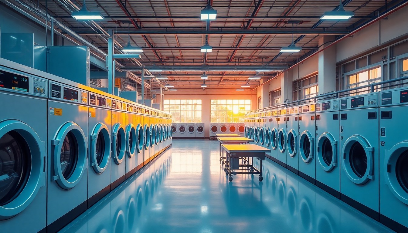 A commercial laundry processing facility at golden hour