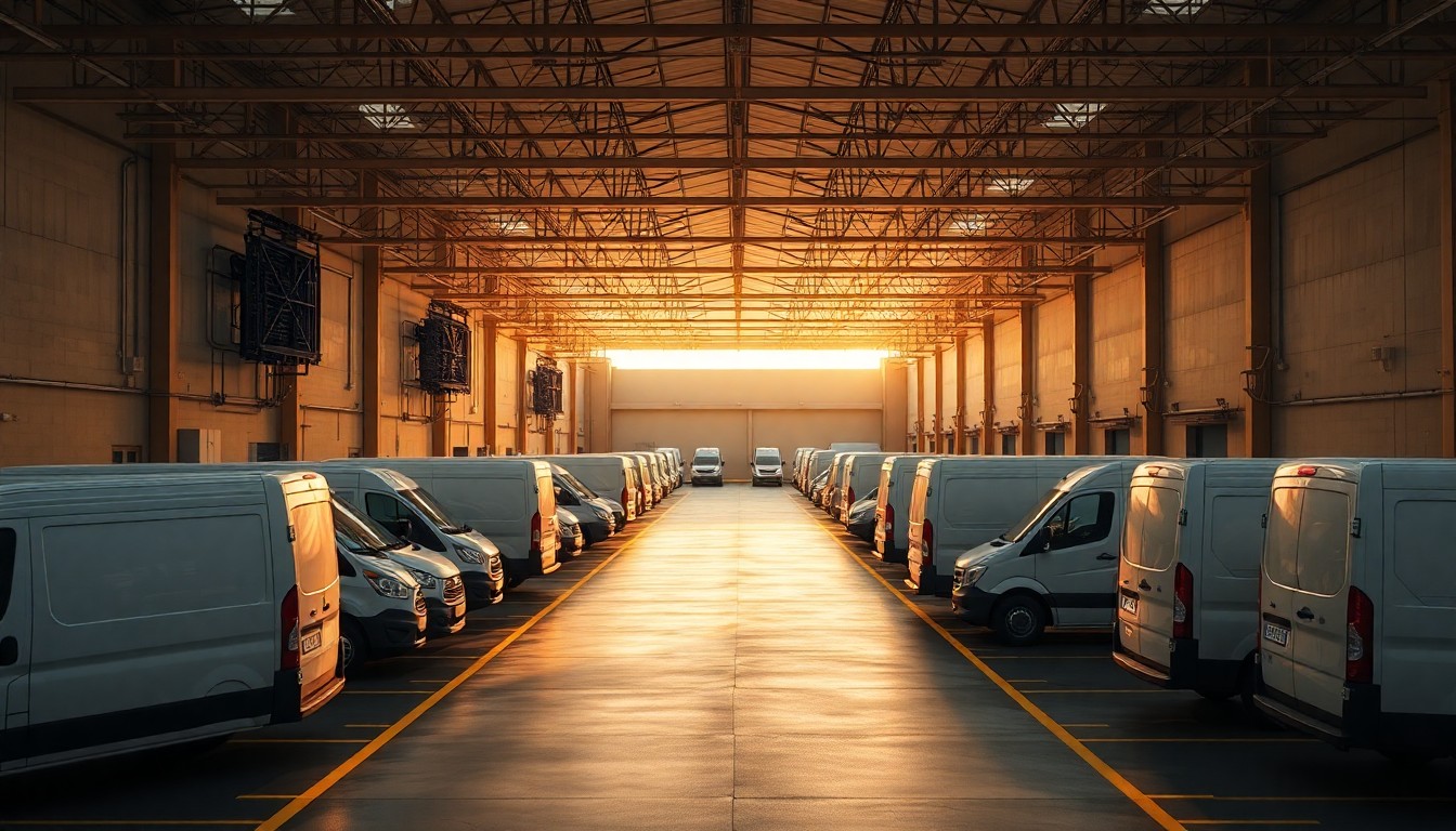 A last-mile delivery depot at golden hour