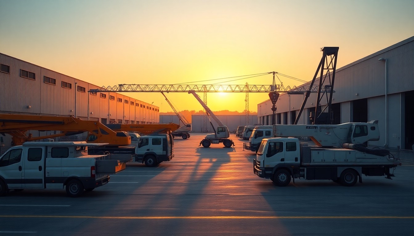 A crane and rigging contractor yard at golden hour