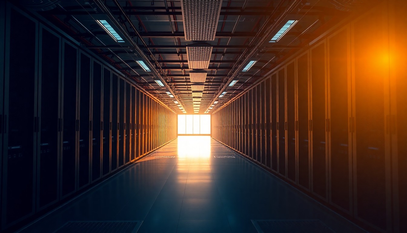 A data center server hall at golden hour