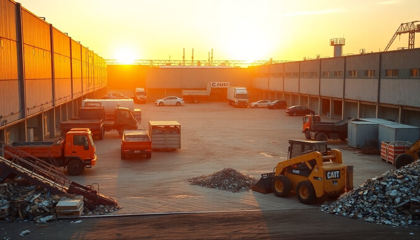 A demolition and excavation contractor yard at golden hour