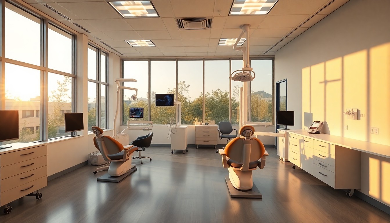 A dental office interior at golden hour