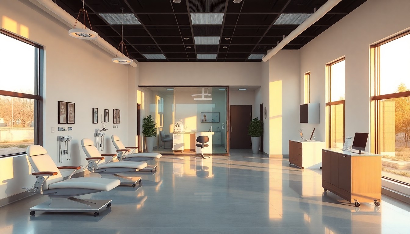 A dermatology clinic interior at golden hour