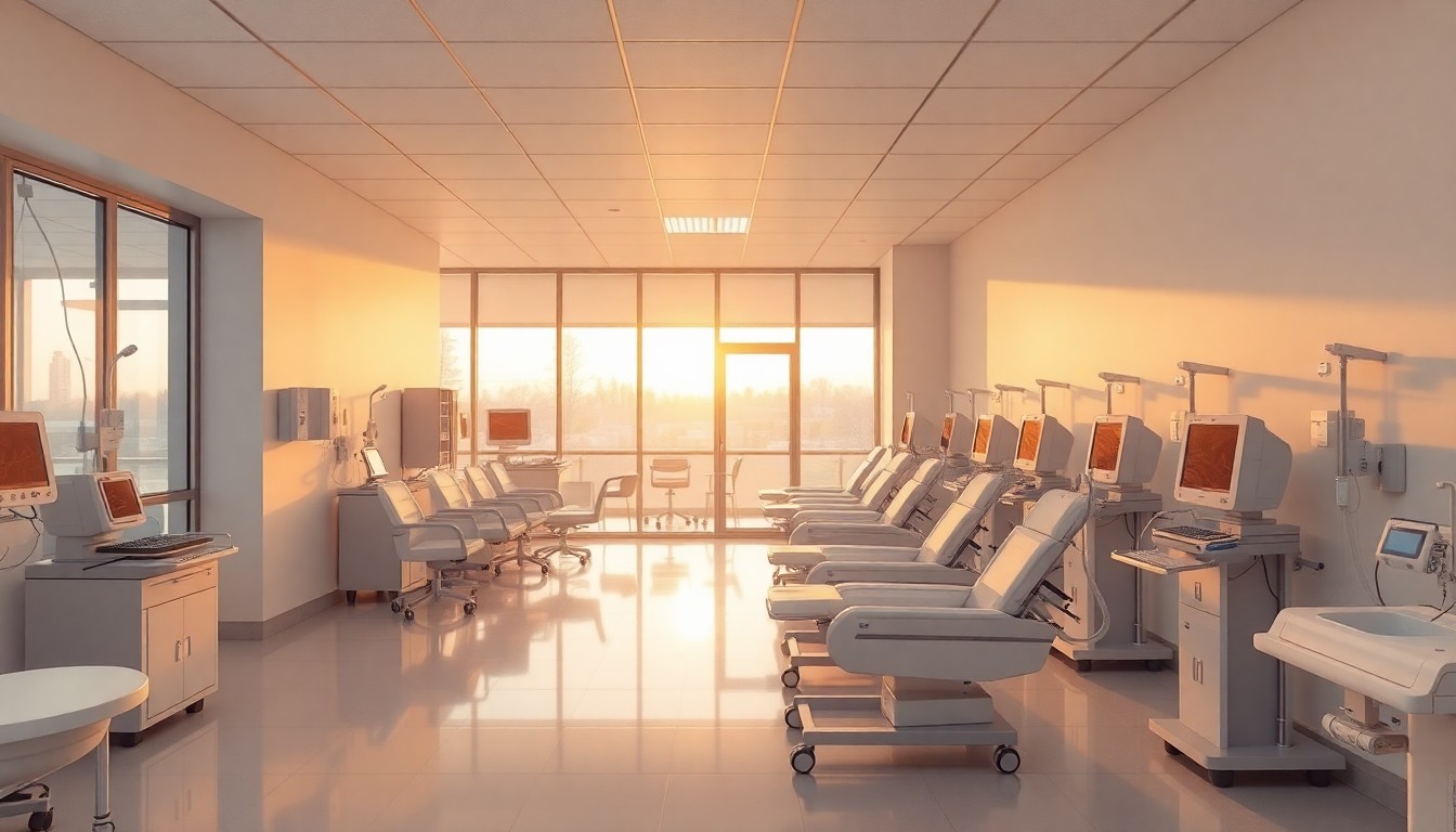 A dialysis center interior at golden hour