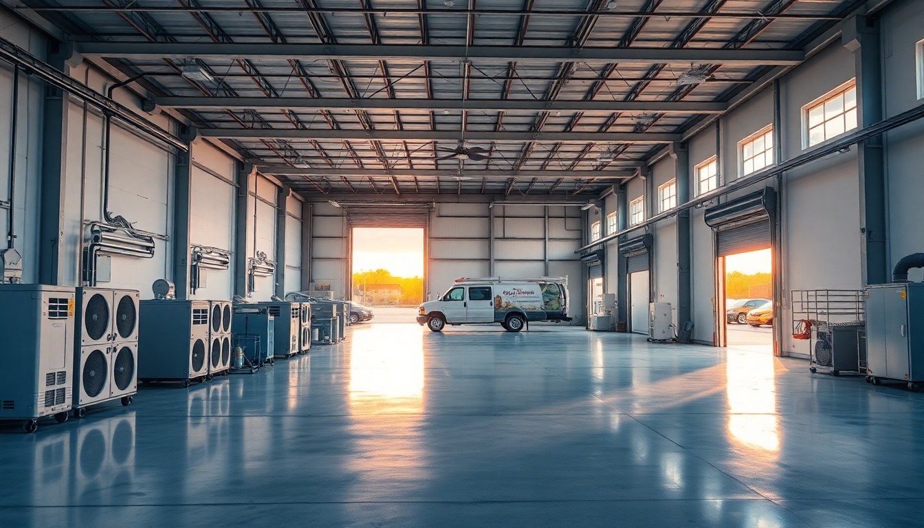 A disaster restoration operations facility at golden hour