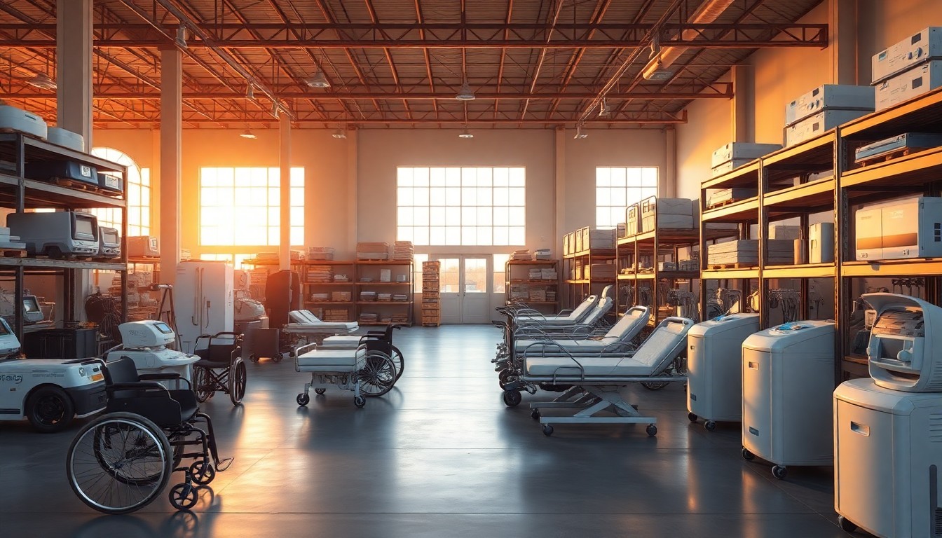 A DME warehouse and showroom at golden hour