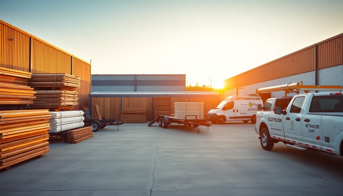 A fence installation contractor yard at golden hour