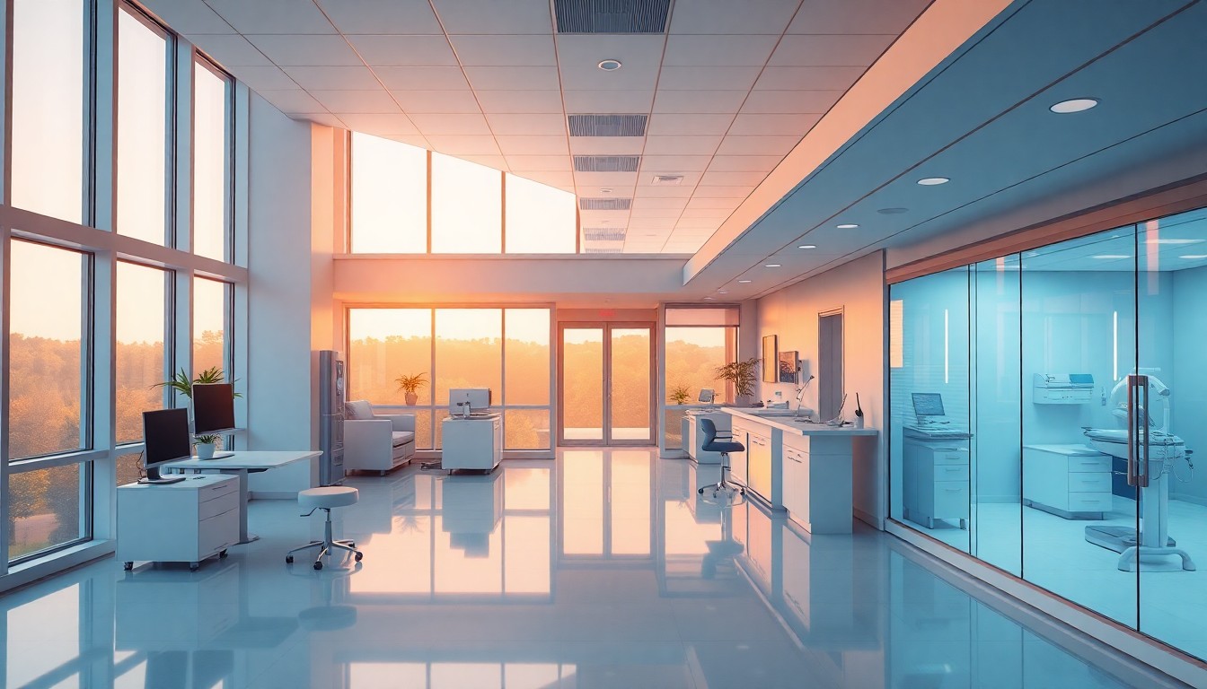 A fertility clinic interior at golden hour