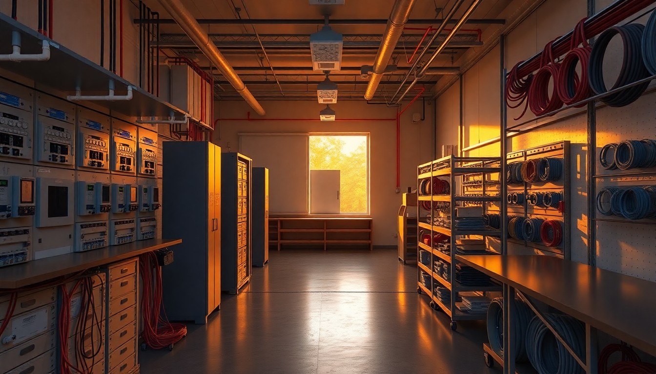 A fire alarm contractor workshop at golden hour