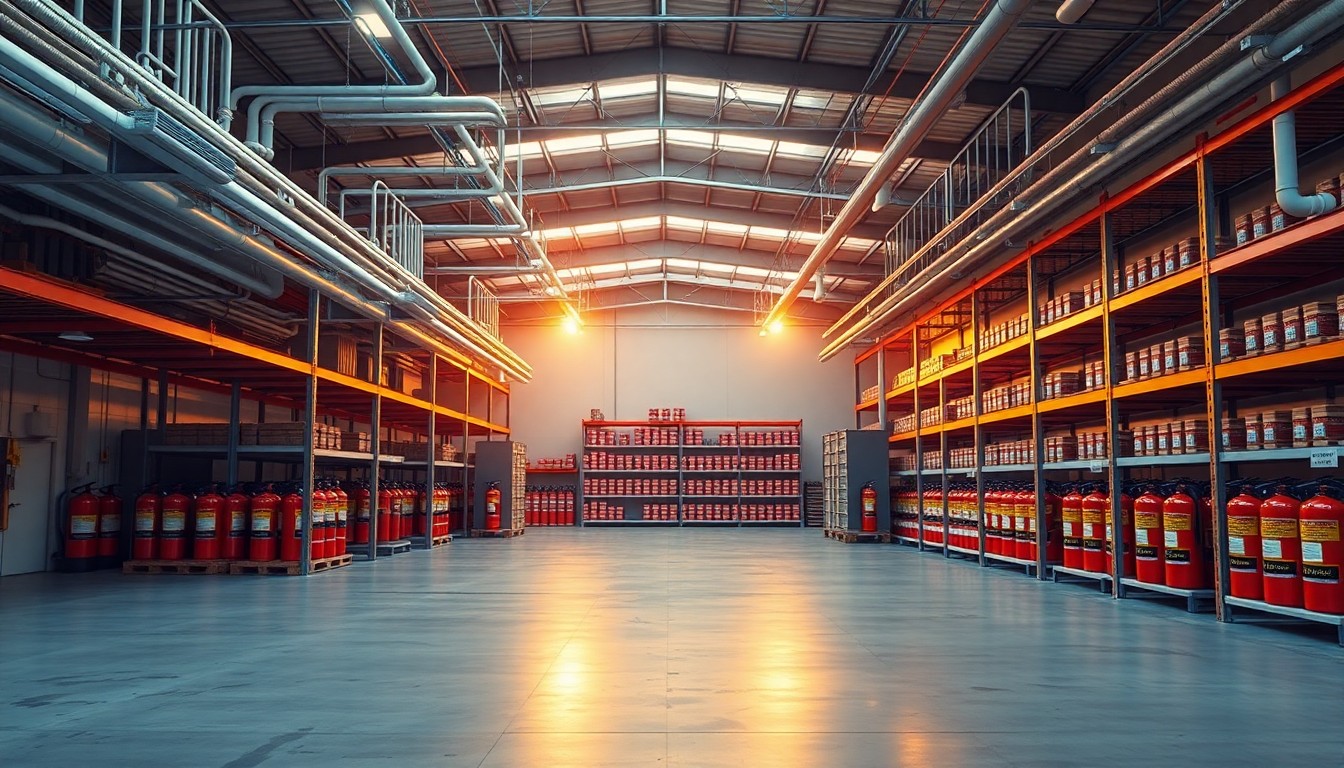 A fire protection company warehouse at golden hour