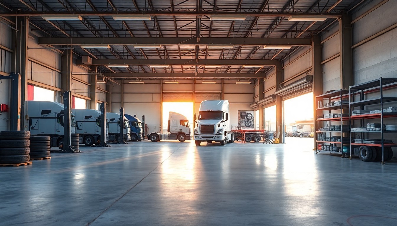 A fleet maintenance shop interior at golden hour