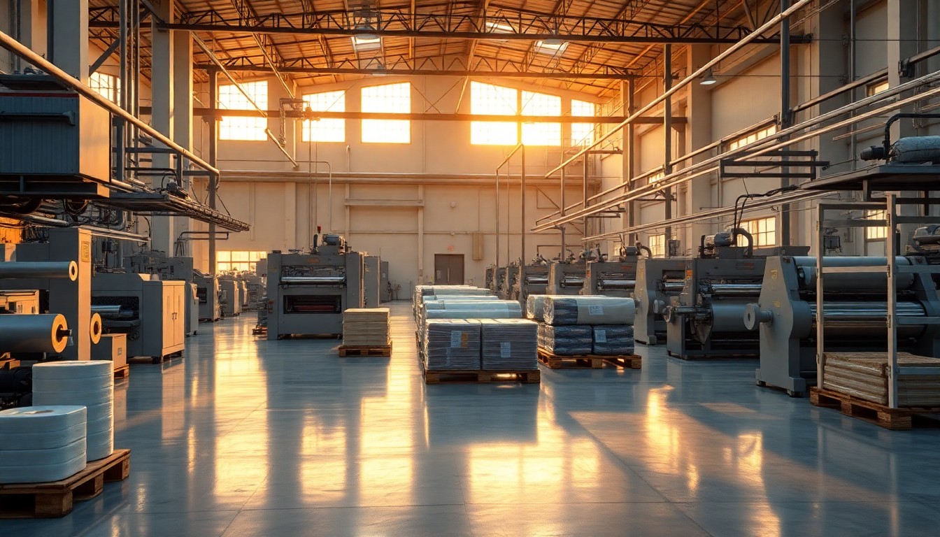 A flexible packaging manufacturing plant at golden hour