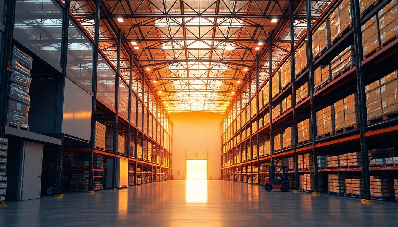 A food service distribution warehouse at golden hour
