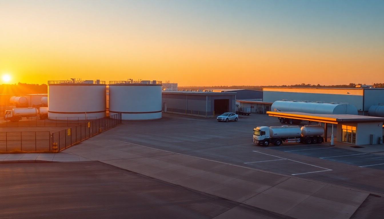 A wholesale fuel distribution terminal at golden hour