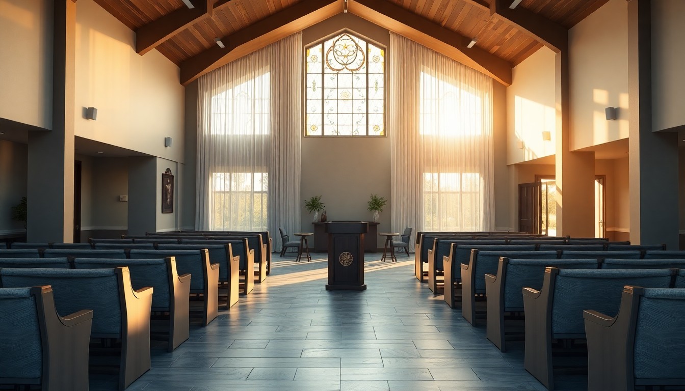 A funeral home chapel interior at golden hour