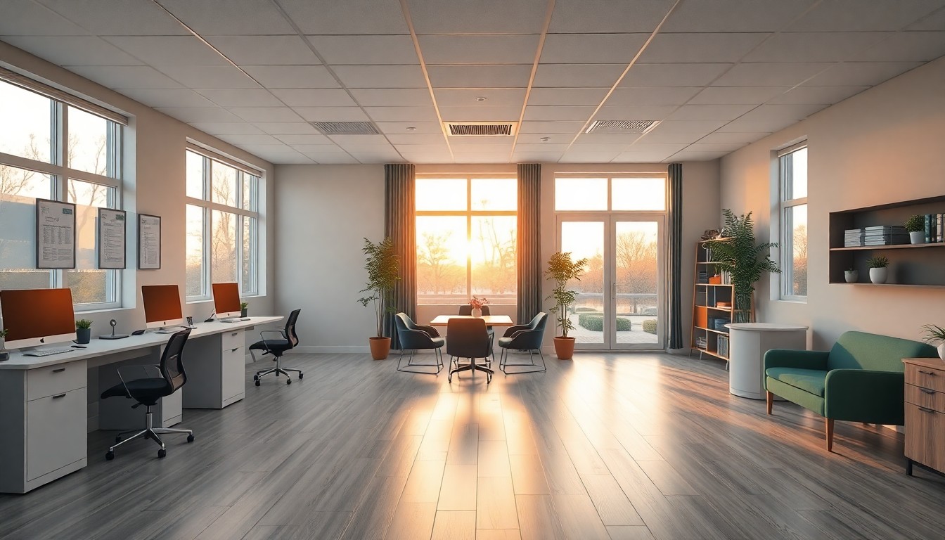 A home care office interior at golden hour