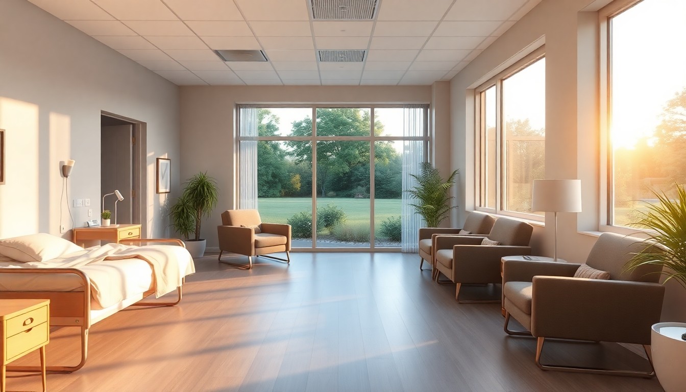 A hospice care center interior at golden hour
