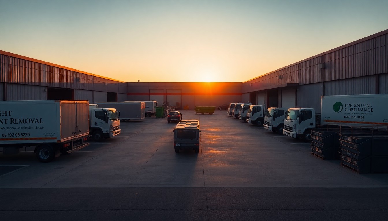 A junk removal operations facility at golden hour