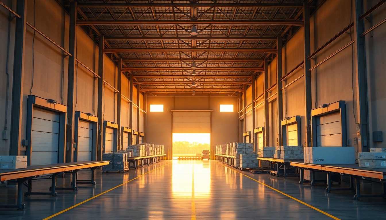 A last-mile delivery distribution facility at golden hour