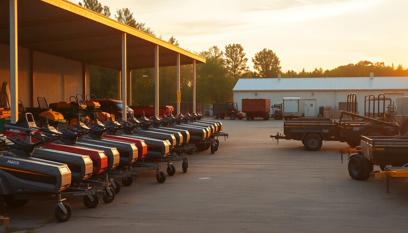 A commercial lawn care equipment yard at golden hour