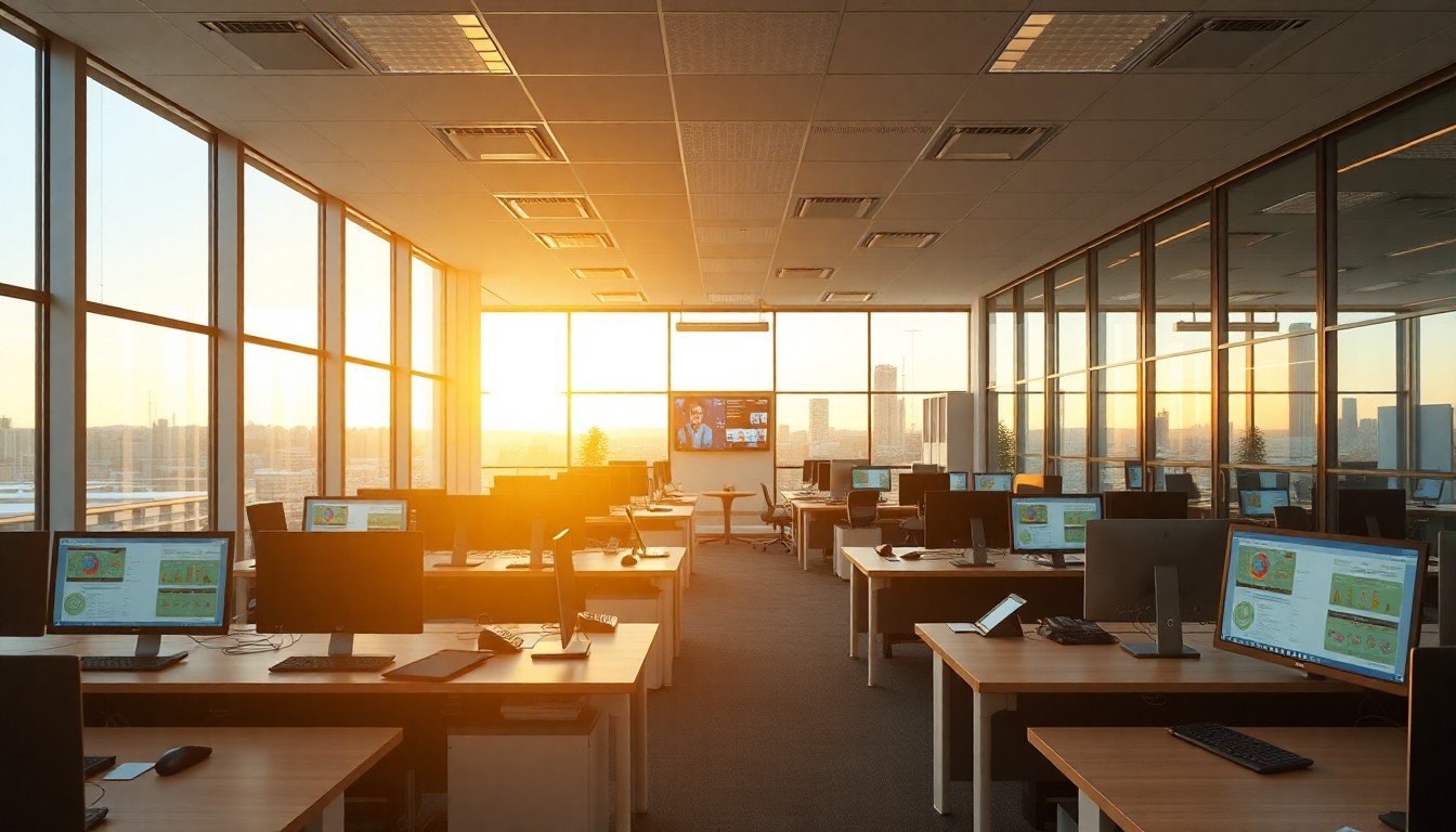 A medical staffing agency office interior at golden hour