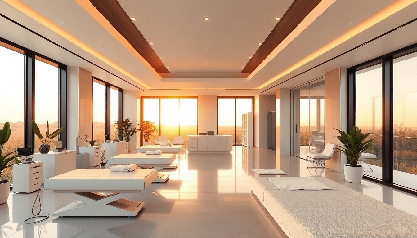 A modern medspa interior at golden hour
