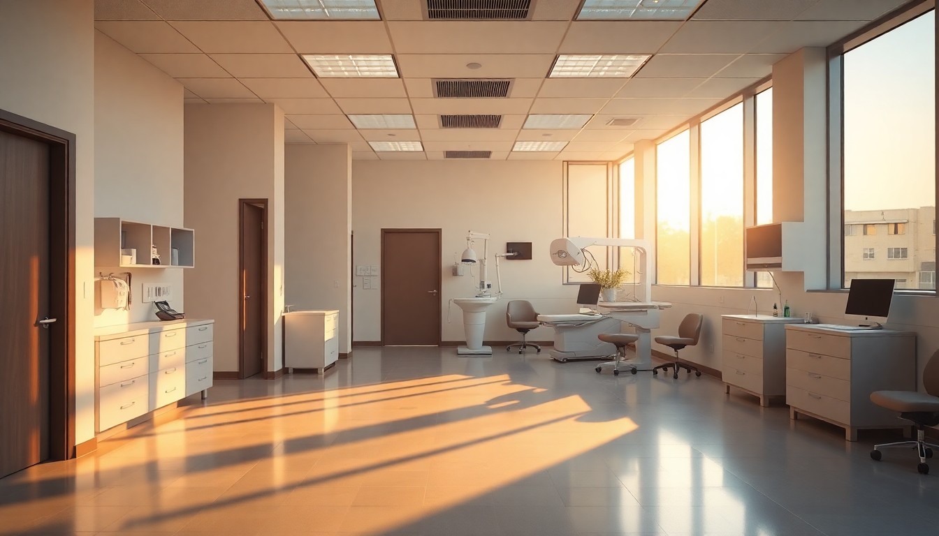 A pain management clinic interior at golden hour