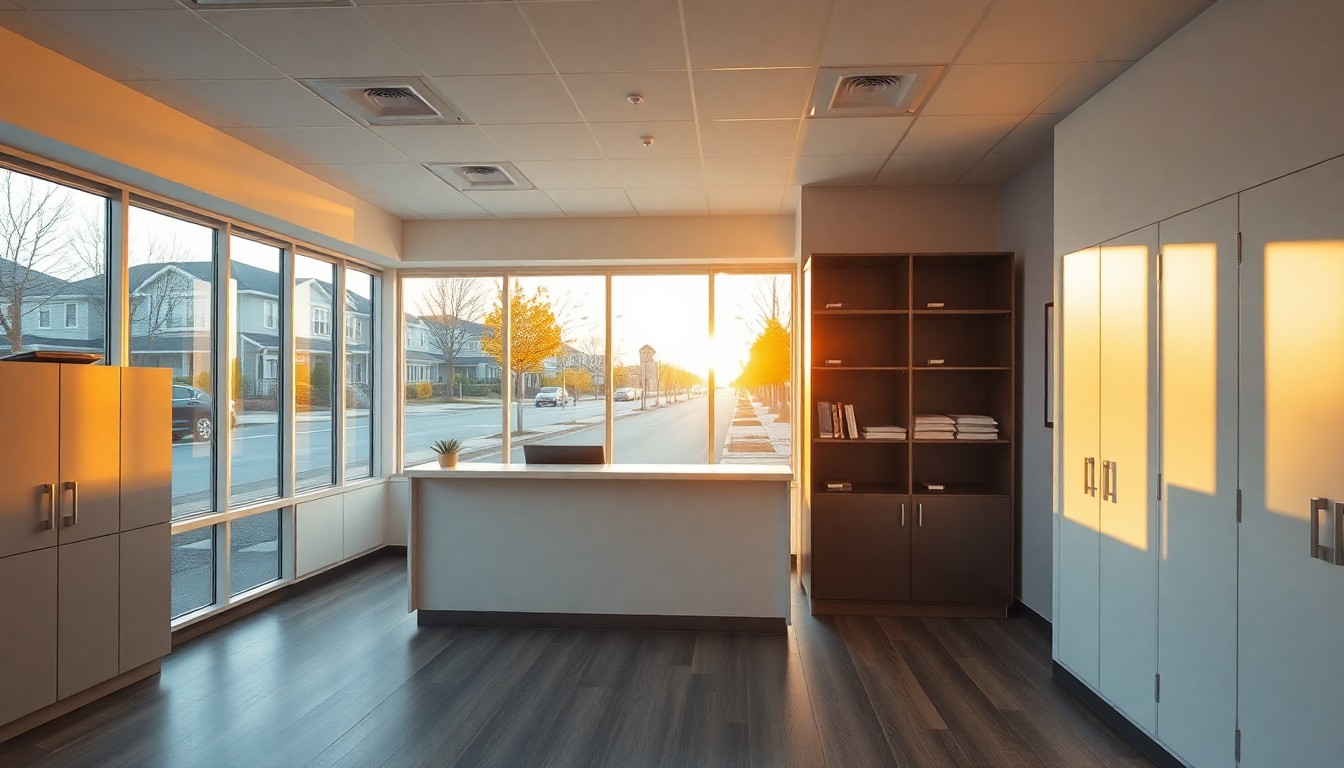 A property management office at golden hour