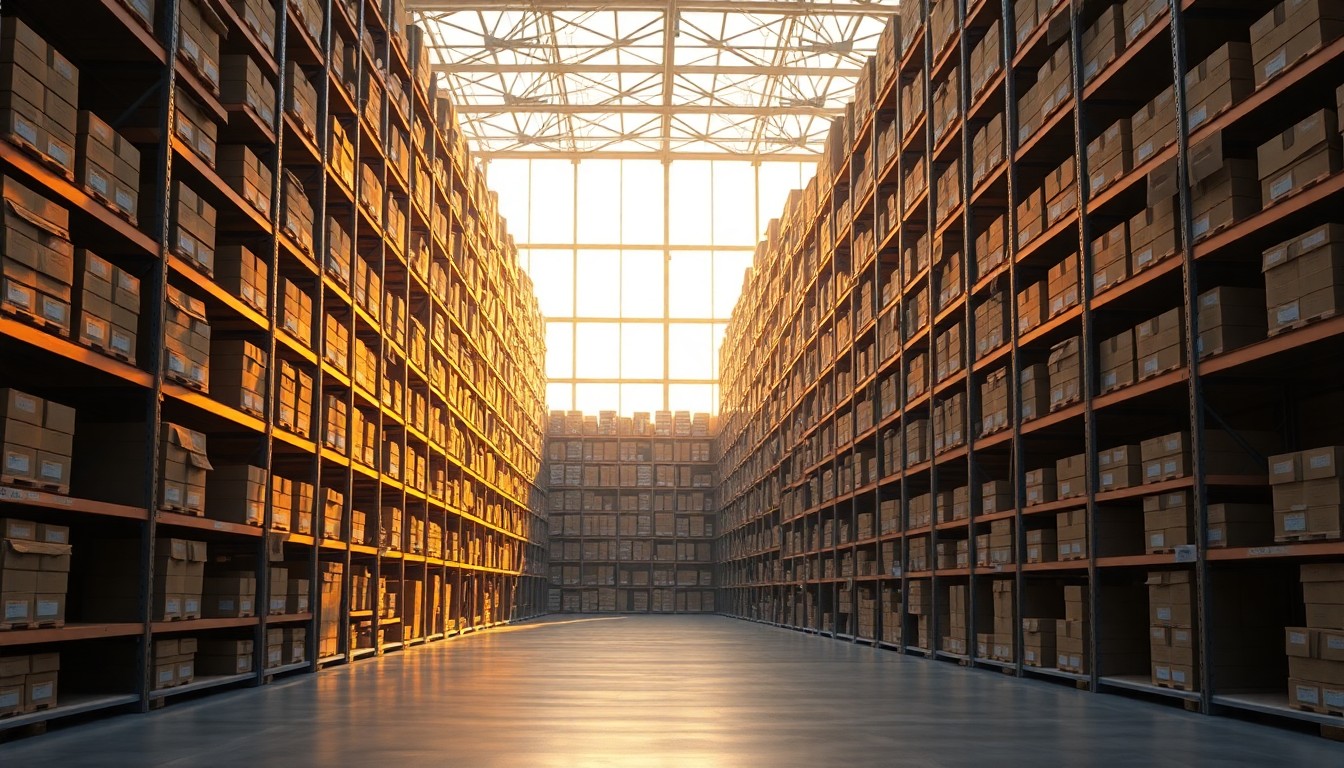 A records storage warehouse at golden hour
