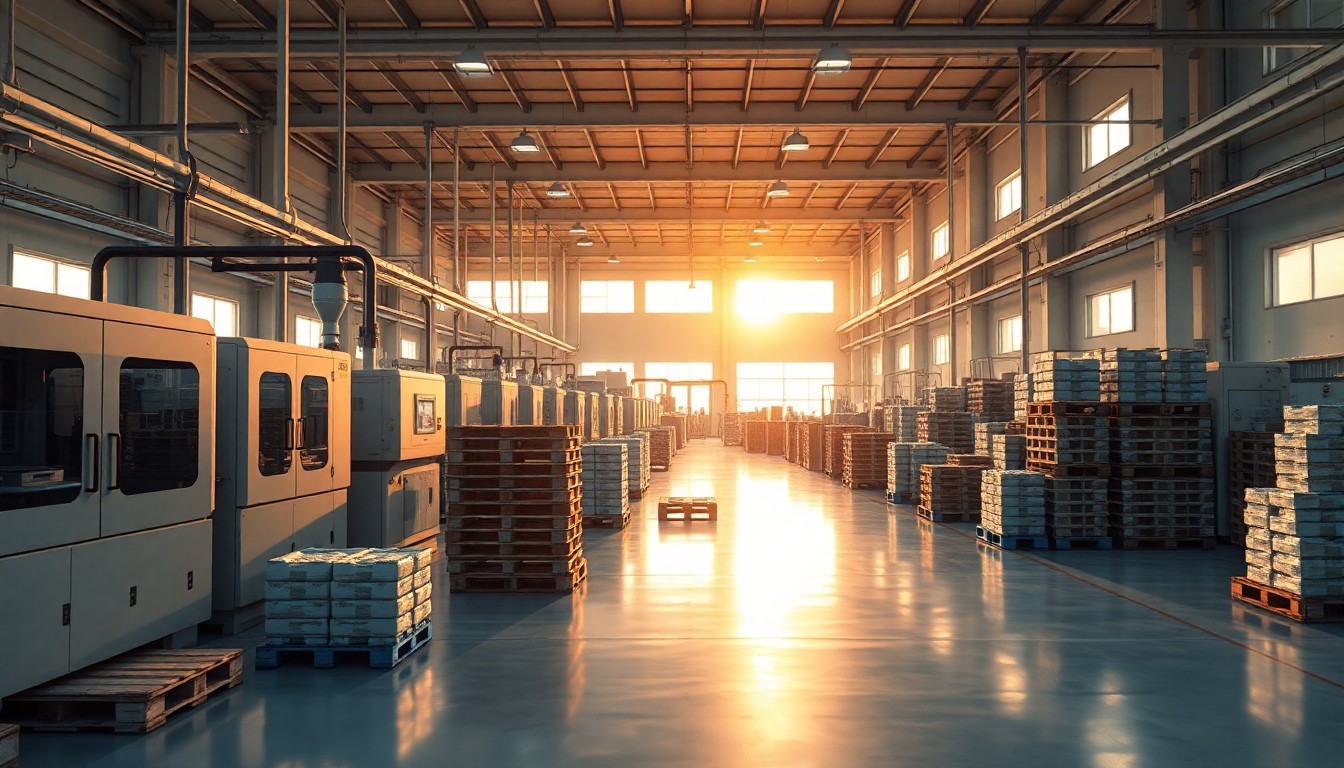 A rigid packaging manufacturing plant interior at golden hour