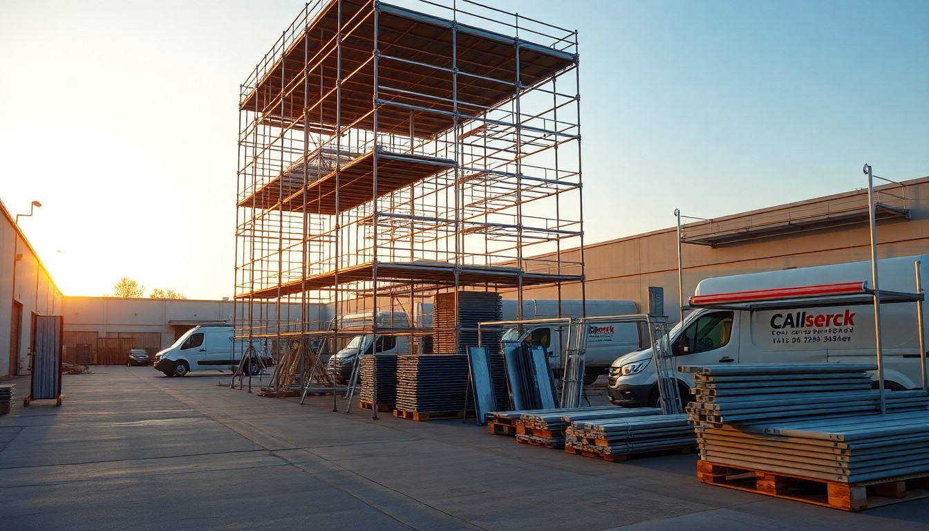 A scaffolding contractor yard at golden hour