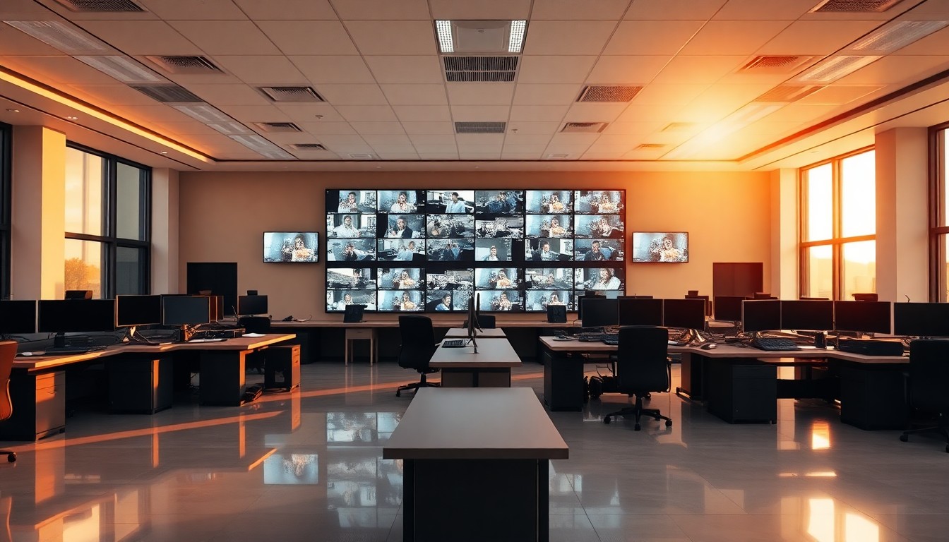 A security operations center interior at golden hour