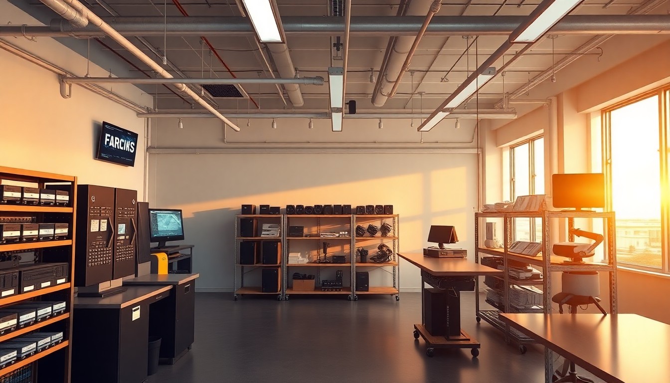 A commercial security integration company workshop at golden hour