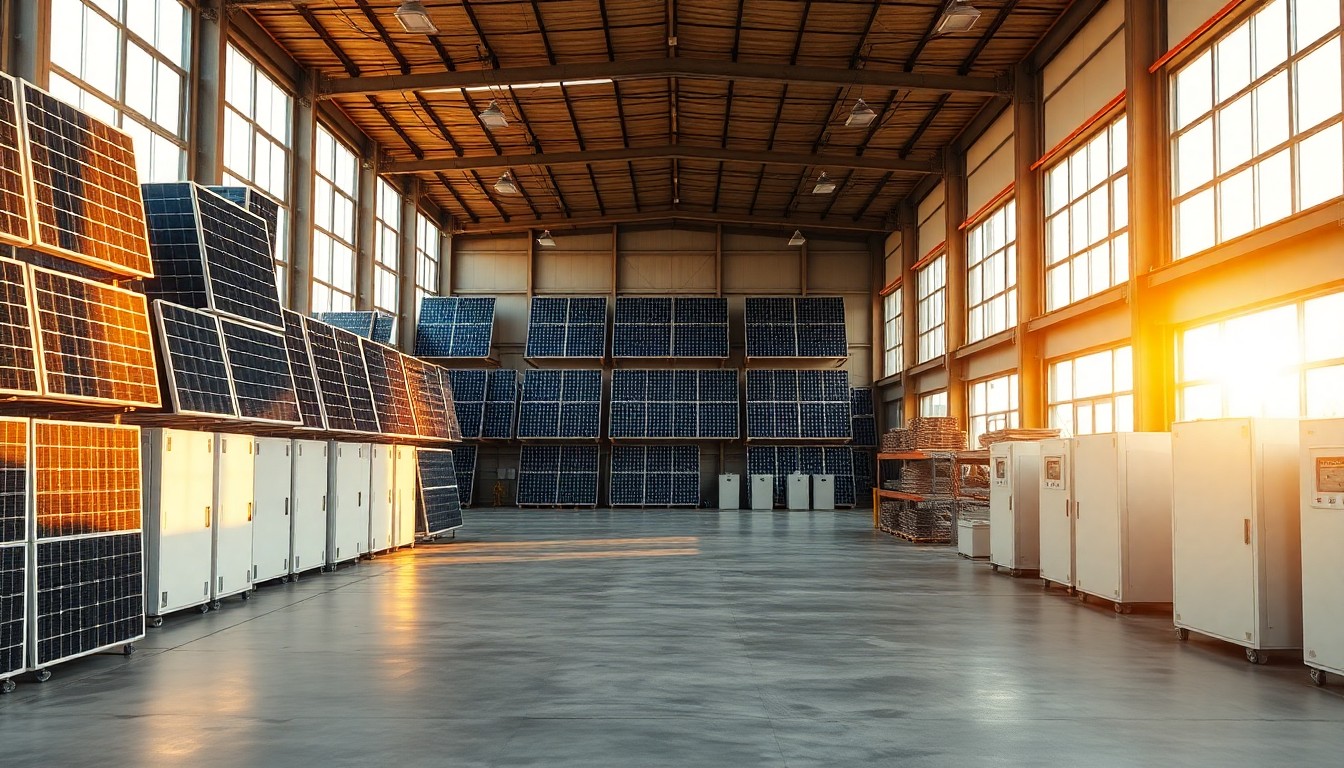 A solar installation warehouse at golden hour