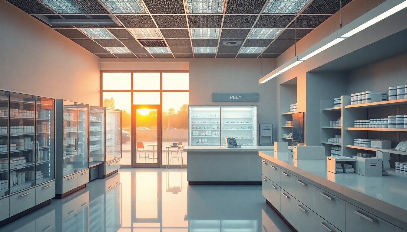 A specialty pharmacy interior at golden hour