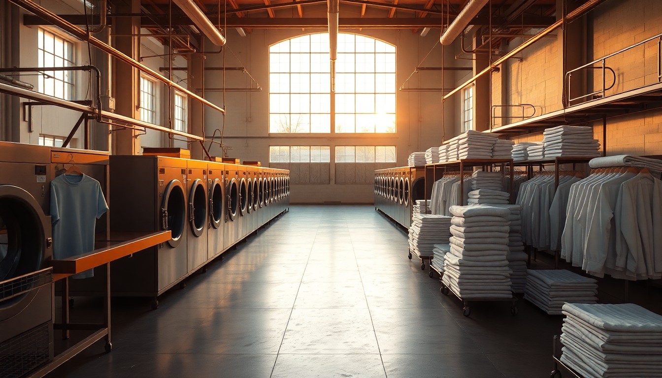 An industrial uniform laundry plant at golden hour