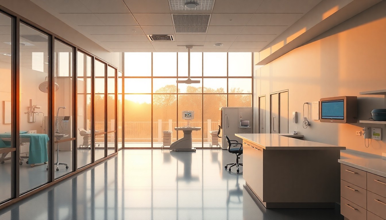 A veterinary specialty hospital interior at golden hour