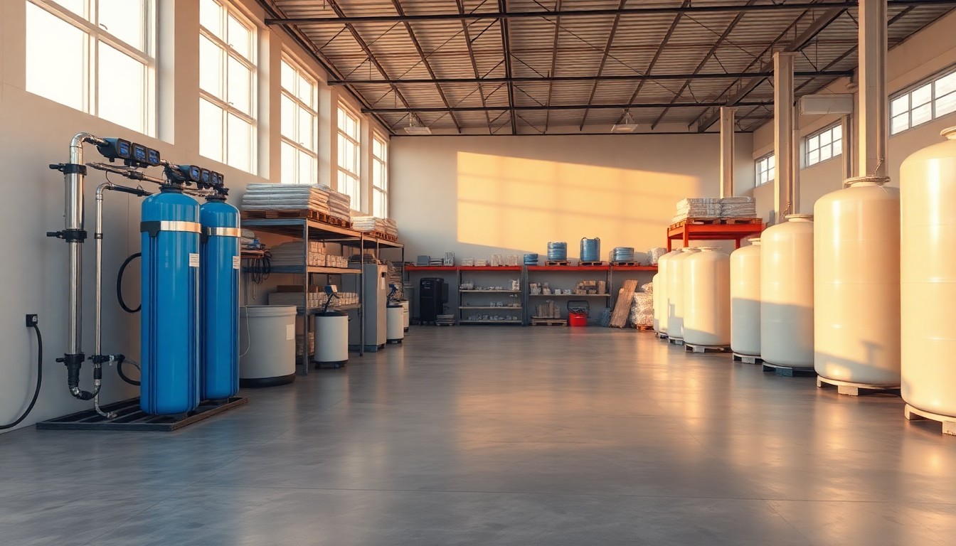 A water treatment showroom and warehouse at golden hour