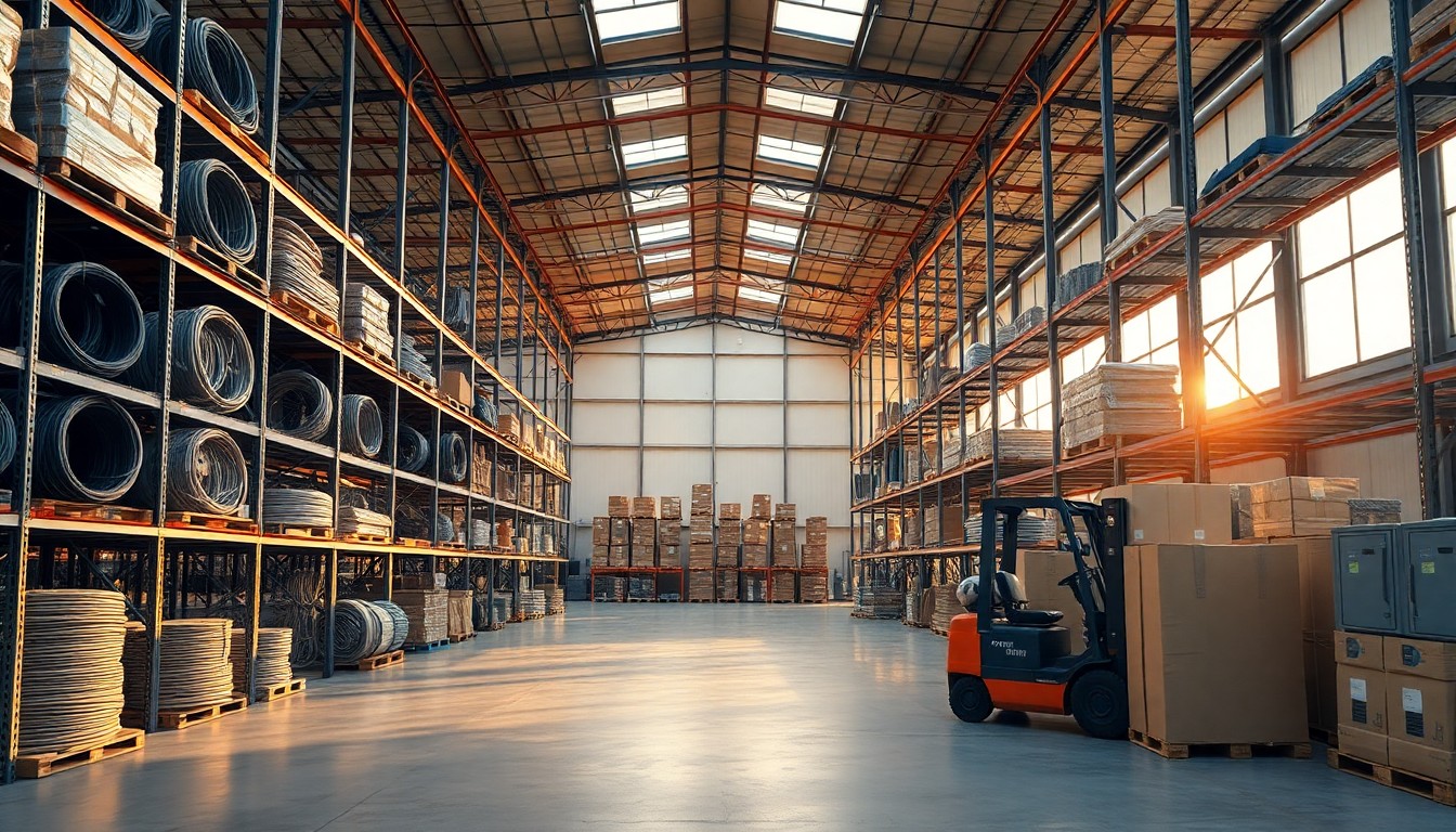 A wholesale electrical distribution warehouse at golden hour