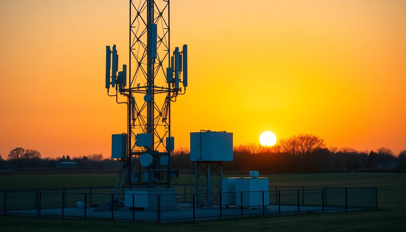 A wireless cell tower at golden hour