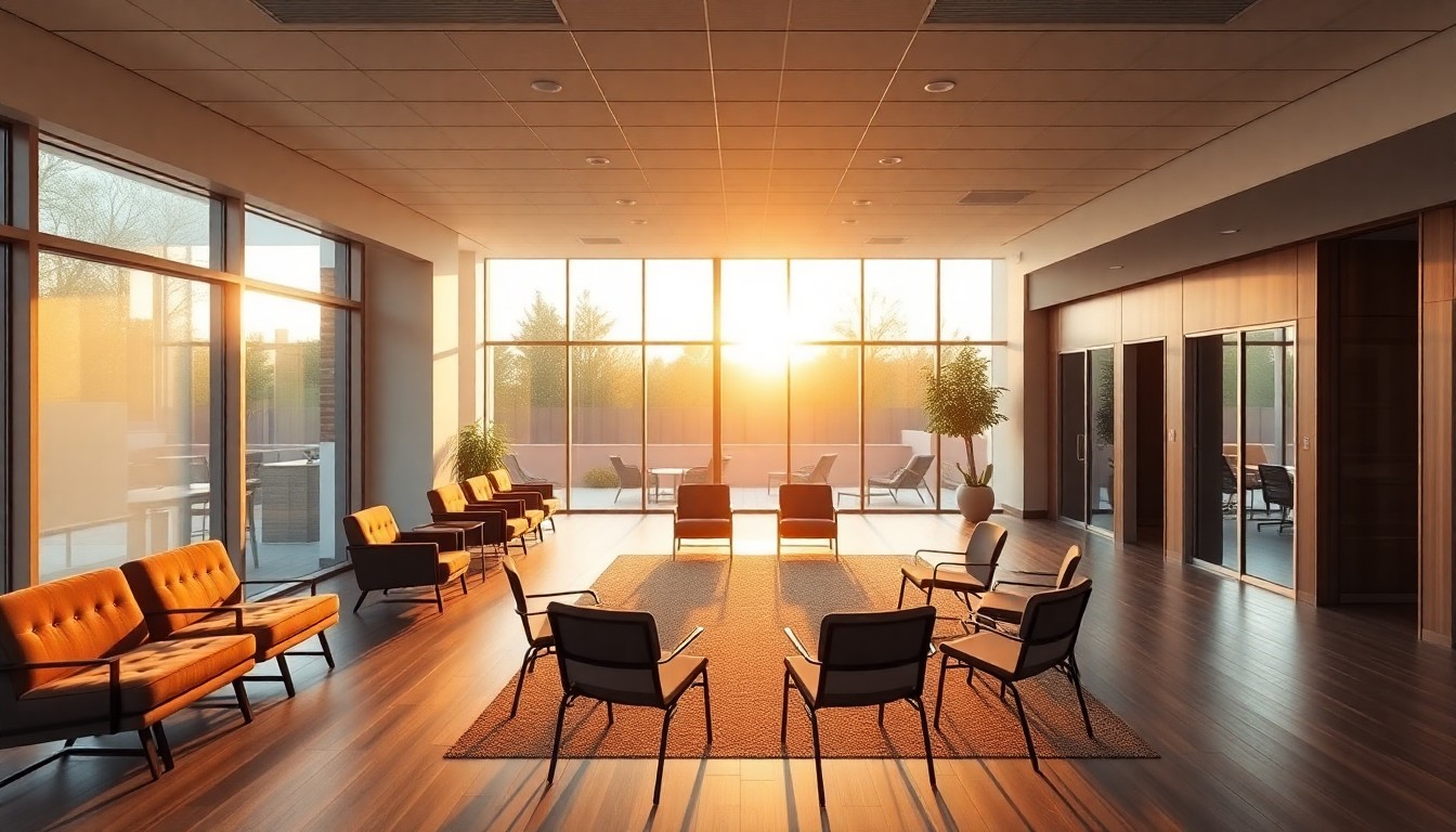 An addiction treatment center common area at golden hour