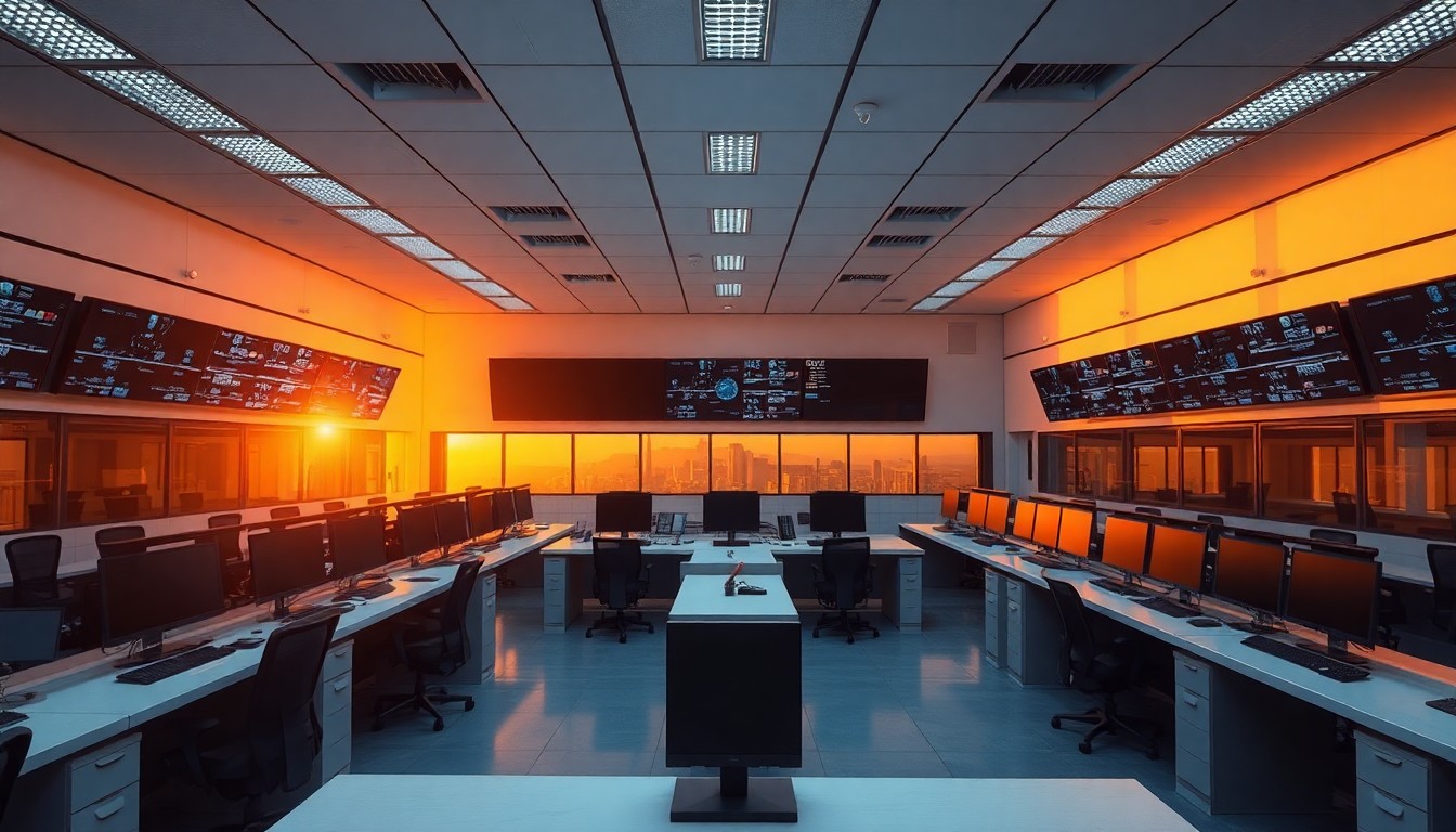 A central monitoring station control room at golden hour