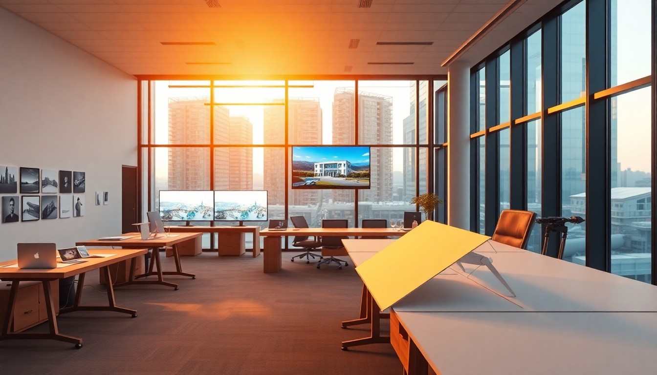 An architecture firm office interior at golden hour