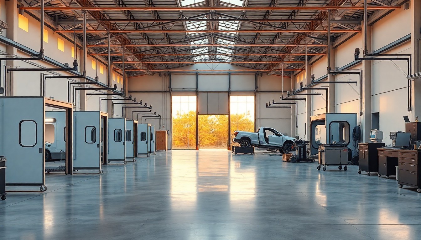 An auto collision repair shop interior at golden hour