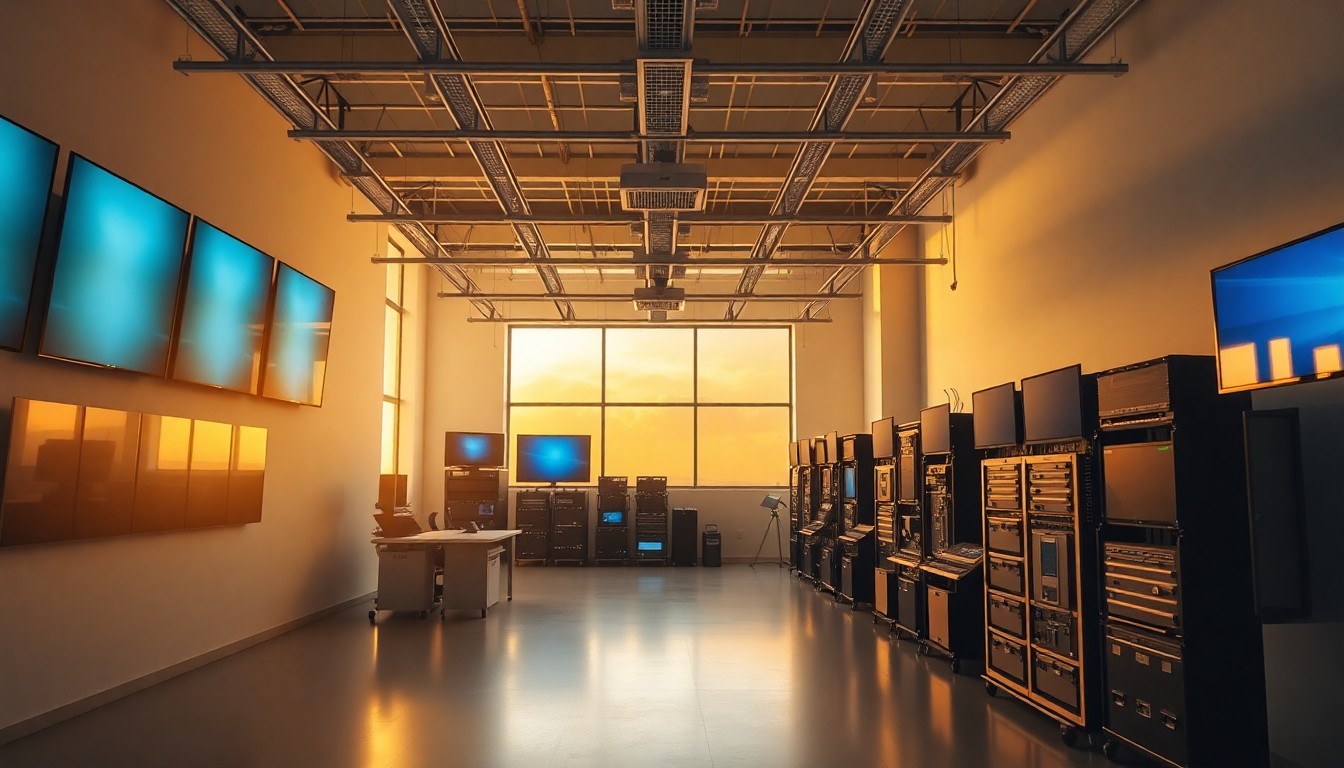 An AV integration company workshop at golden hour